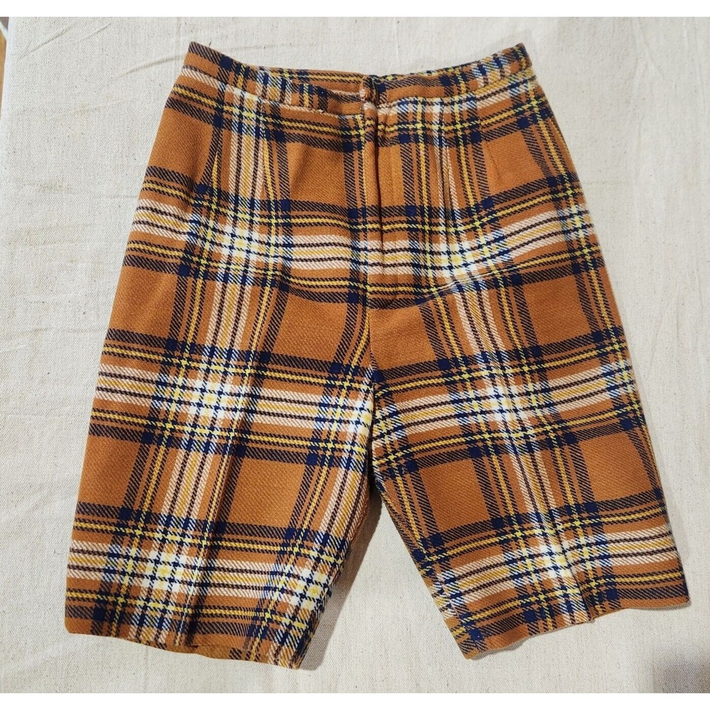 Vintage Russ Corner Tartan Shorts 60s 70s Retro High Waist Orange Yellow White